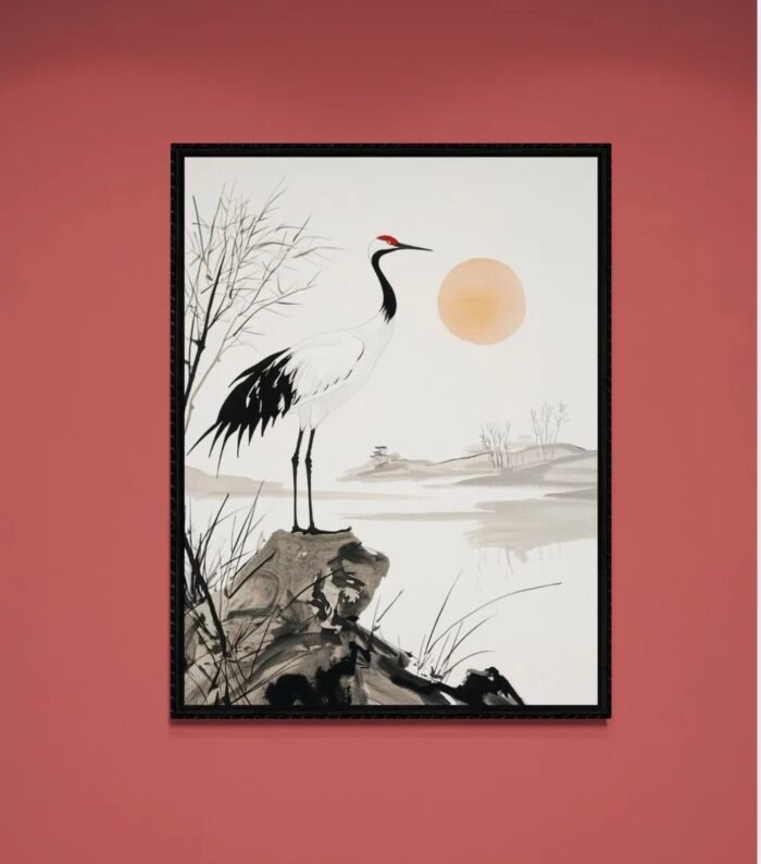 Solitary Crane Zen Art – Minimalist Sumi-e Ink Painting