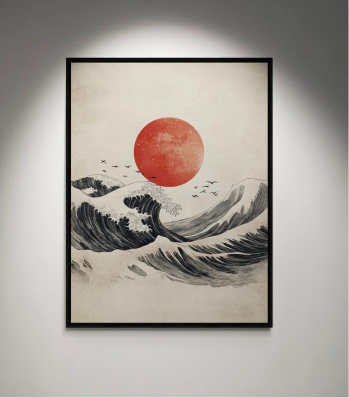Wave & Sun Wabi-Sabi Art – Minimalist Japanese Ink Painting for Serenity & Balance