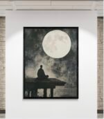 Zen Monk Meditating Under the Moonlight – Minimalist Japanese Art for Serenity & Mindfulness