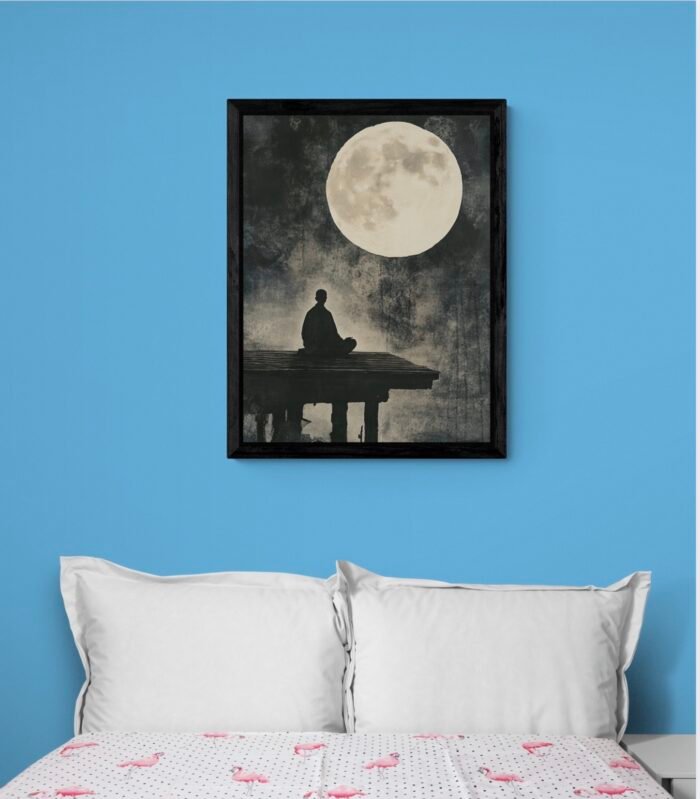 Zen Monk Meditating Under the Moonlight – Minimalist Japanese Art for Serenity & Mindfulness