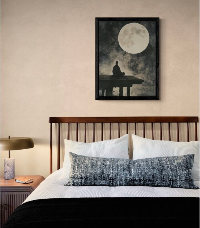 Zen Monk Meditating Under the Moonlight – Minimalist Japanese Art for Serenity & Mindfulness
