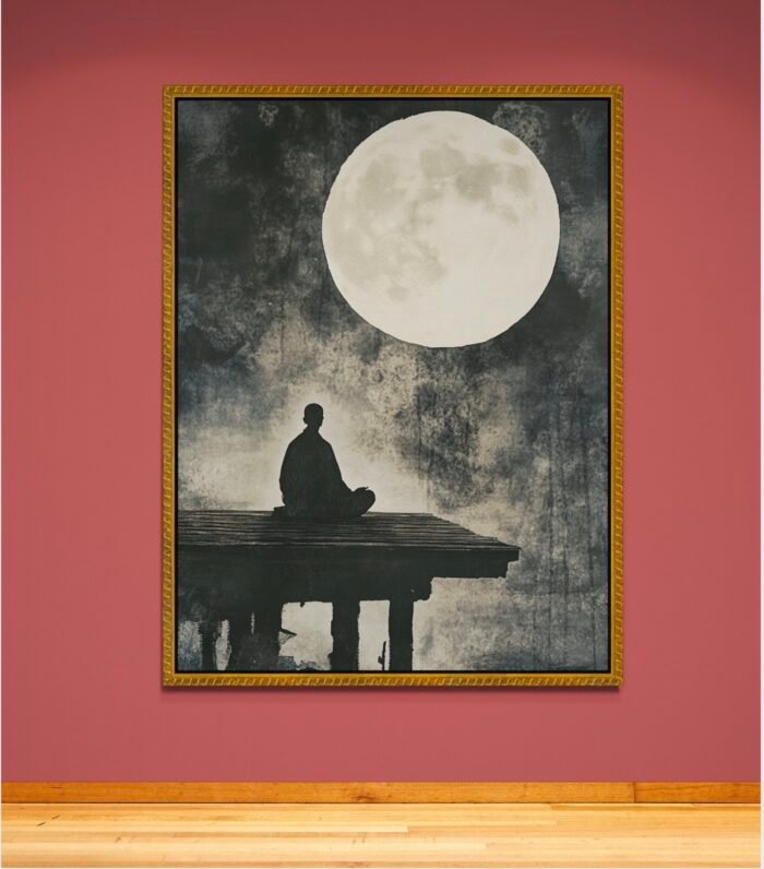 Zen Monk Meditating Under the Moonlight – Minimalist Japanese Art for Serenity & Mindfulness