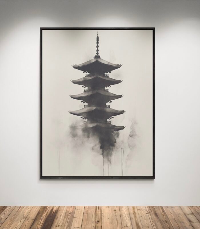 Serene Japanese Pagoda in Mist – Minimalist Sumi-e Ink Art