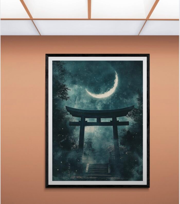 Shinto Shrine Under a Crescent Moon – Serene Japanese Minimalist Art Print