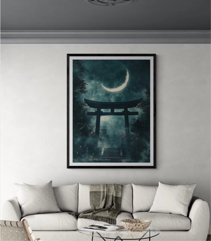Shinto Shrine Under a Crescent Moon – Serene Japanese Minimalist Art Print