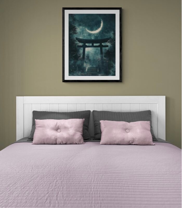 Shinto Shrine Under a Crescent Moon – Serene Japanese Minimalist Art Print
