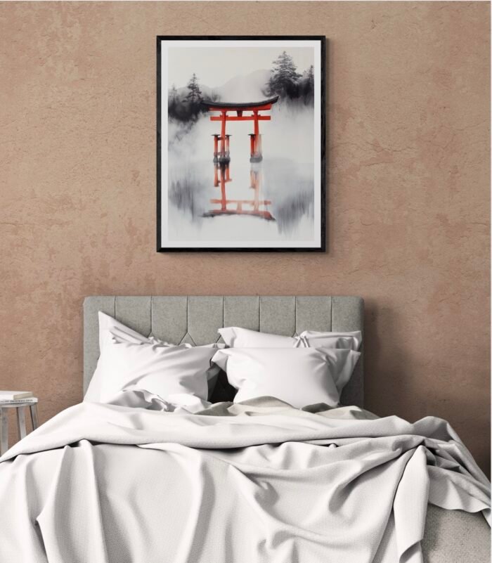 Mystical Red Torii Gate in Mist – Serene Japanese Ink Art for Meditation