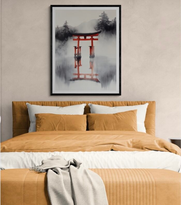 Mystical Red Torii Gate in Mist – Serene Japanese Ink Art for Meditation