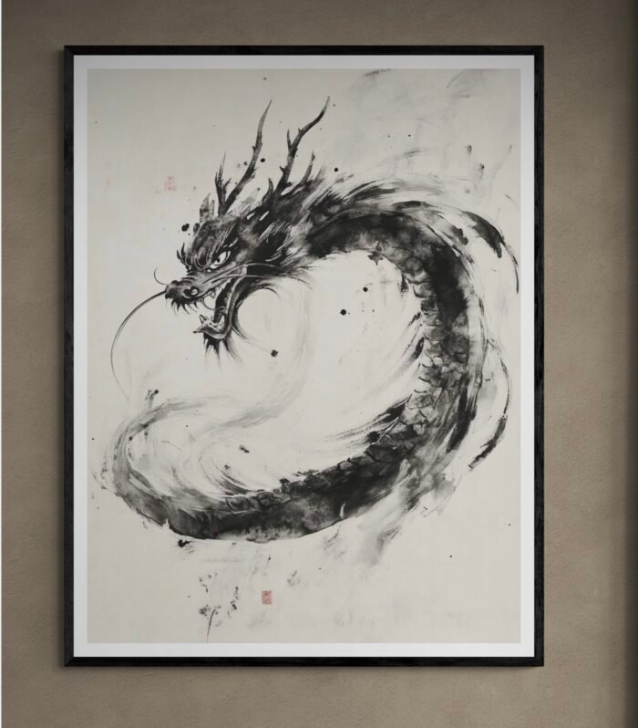 Japanese Dragon in Flowing Ink – Minimalist Sumi-e Art
