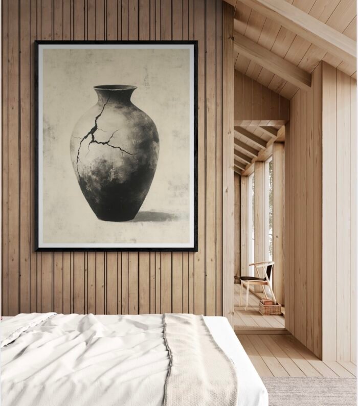 Cracked Clay Vase with Sumi-e Ink Brushstrokes - Wabi-Sabi Minimalist Art