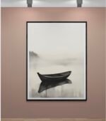 A Lonely Boat Floating in a Misty Lake – Tranquil Japanese Minimalist Art