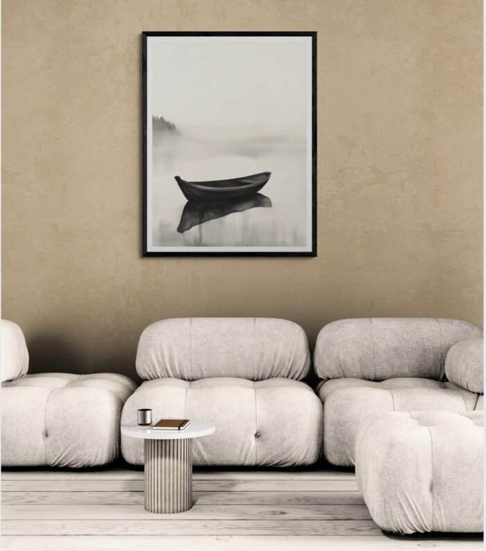 A Lonely Boat Floating in a Misty Lake – Tranquil Japanese Minimalist Art