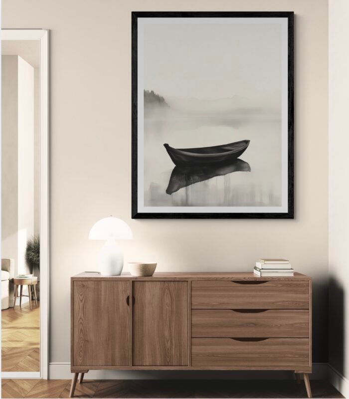 A Lonely Boat Floating in a Misty Lake – Tranquil Japanese Minimalist Art