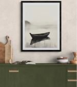 A Lonely Boat Floating in a Misty Lake – Tranquil Japanese Minimalist Art