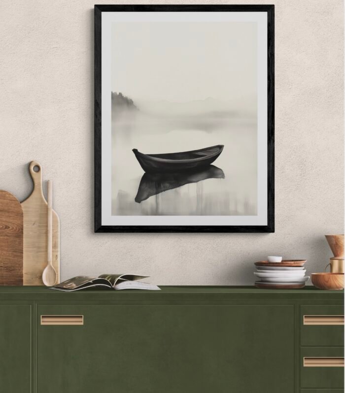A Lonely Boat Floating in a Misty Lake – Tranquil Japanese Minimalist Art
