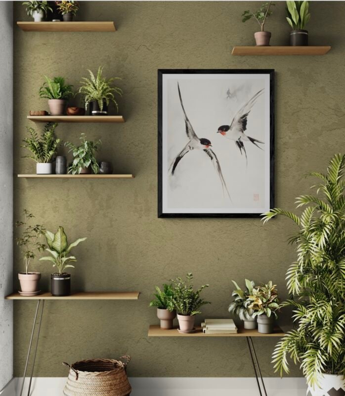 A Pair of Swallows in Flight – Minimalist Japanese Ink Art