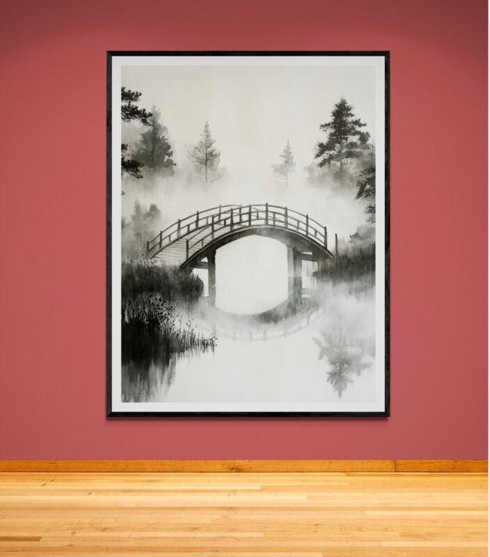 Japanese Wooden Bridge Over Still Water – Minimalist Zen Wall Art