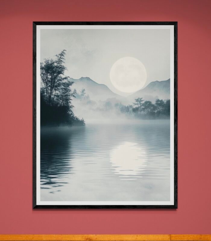 Moonlit Lake – Serene Minimalist Ink Wash Art