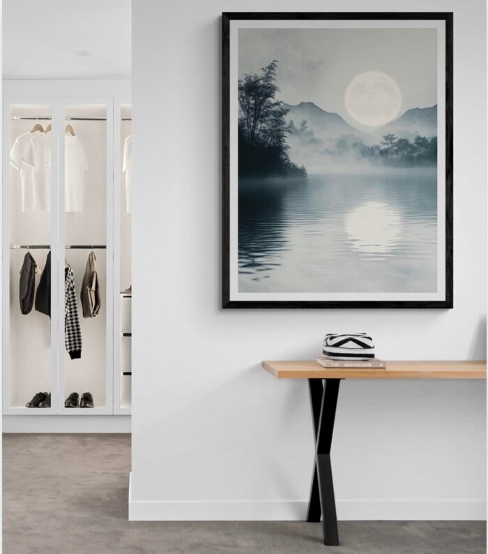 Moonlit Lake – Serene Minimalist Ink Wash Art