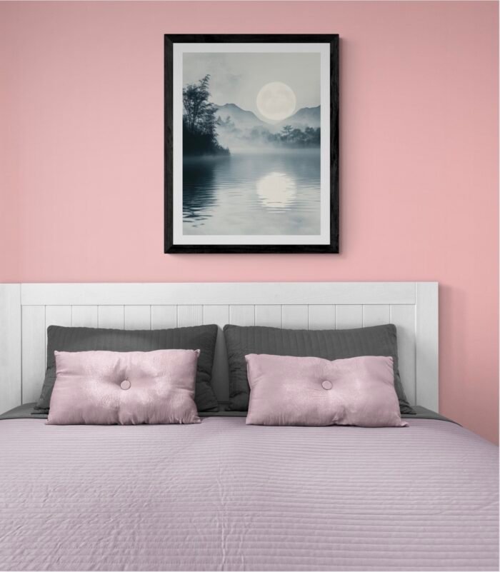Moonlit Lake – Serene Minimalist Ink Wash Art